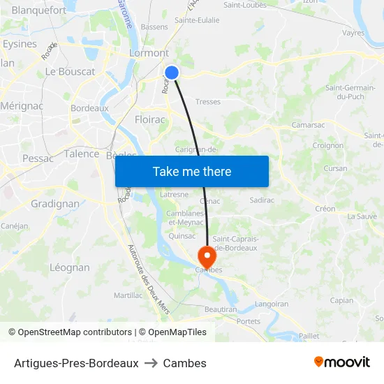 Artigues-Pres-Bordeaux to Cambes map