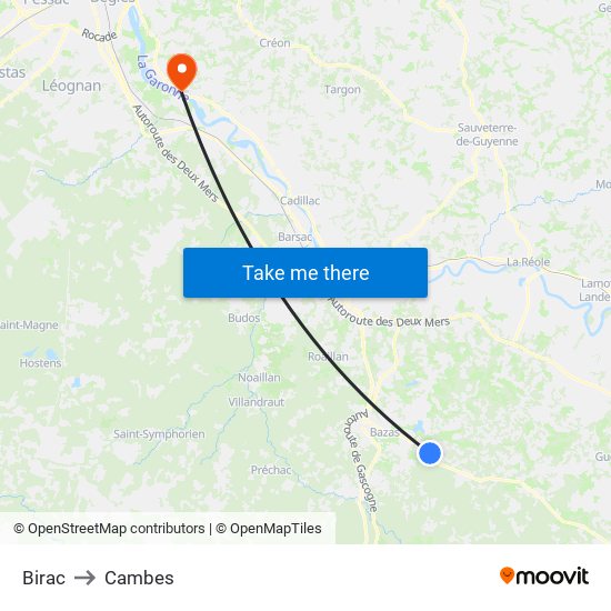 Birac to Cambes map