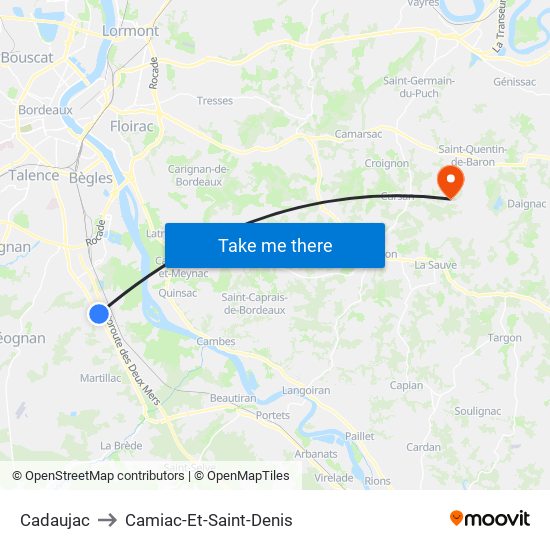 Cadaujac to Camiac-Et-Saint-Denis map