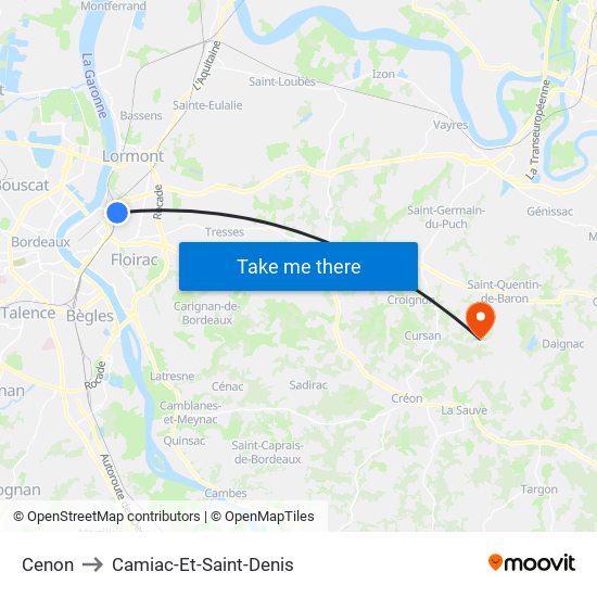 Cenon to Camiac-Et-Saint-Denis map
