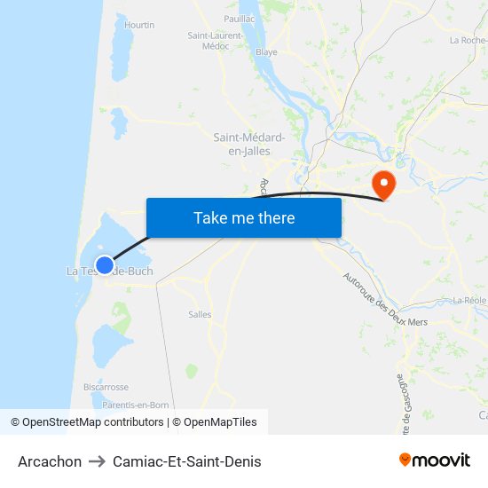 Arcachon to Camiac-Et-Saint-Denis map