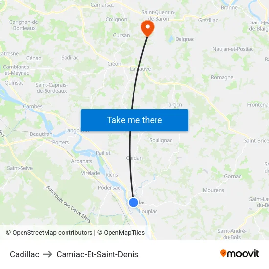 Cadillac to Camiac-Et-Saint-Denis map