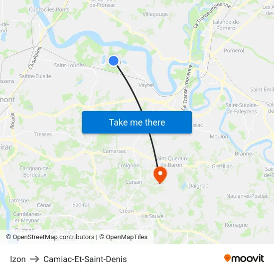 Izon to Camiac-Et-Saint-Denis map
