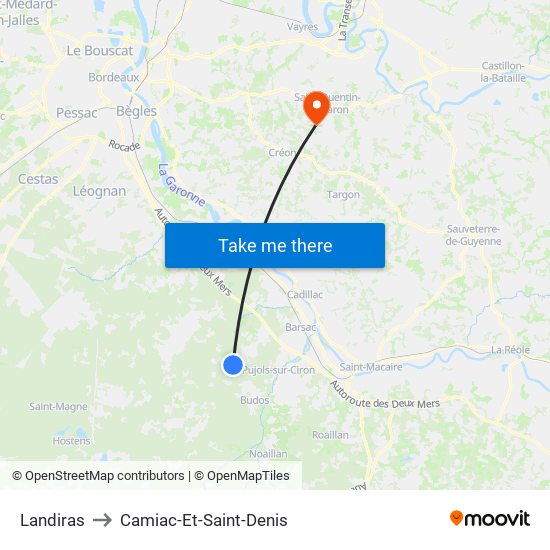 Landiras to Camiac-Et-Saint-Denis map