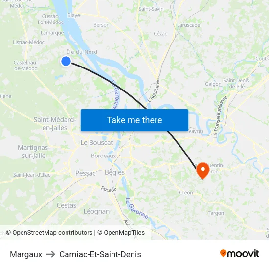 Margaux to Camiac-Et-Saint-Denis map