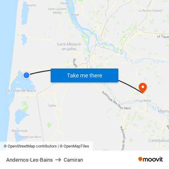 Andernos-Les-Bains to Camiran map