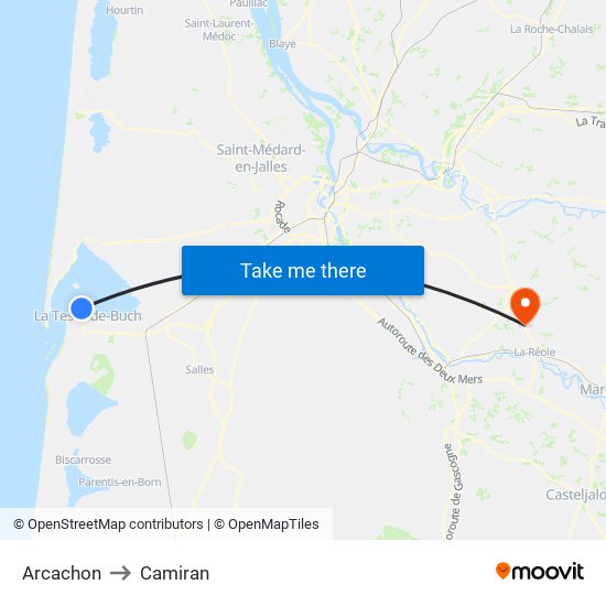 Arcachon to Camiran map