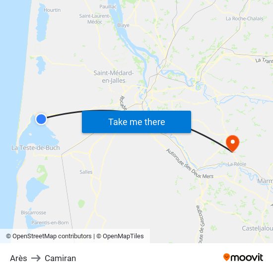 Arès to Camiran map