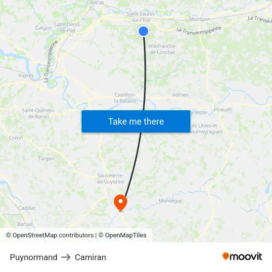 Puynormand to Camiran map