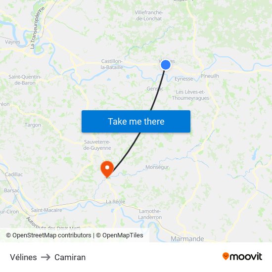 Vélines to Camiran map