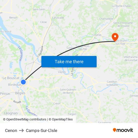 Cenon to Camps-Sur-L'Isle map