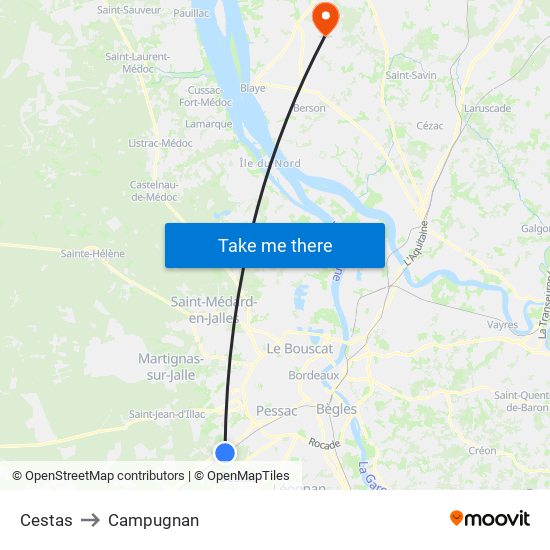 Cestas to Campugnan map