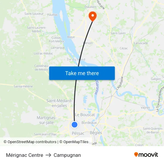 Mérignac Centre to Campugnan map