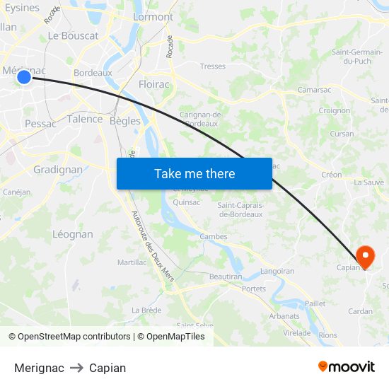 Merignac to Capian map
