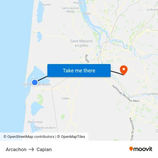 Arcachon to Capian map