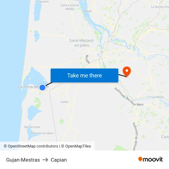 Gujan-Mestras to Capian map