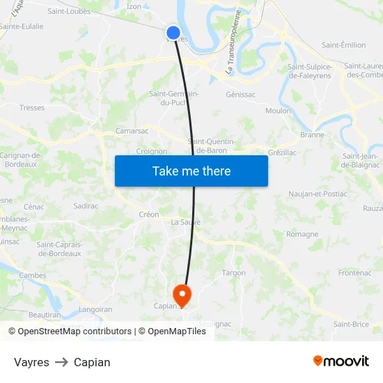 Vayres to Capian map