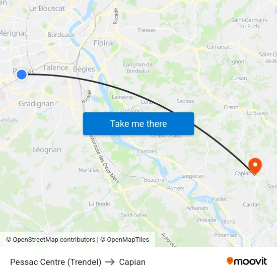 Pessac Centre (Trendel) to Capian map