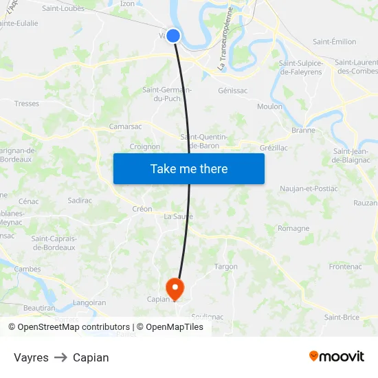 Vayres to Capian map