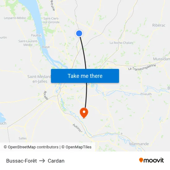 Bussac-Forêt to Cardan map