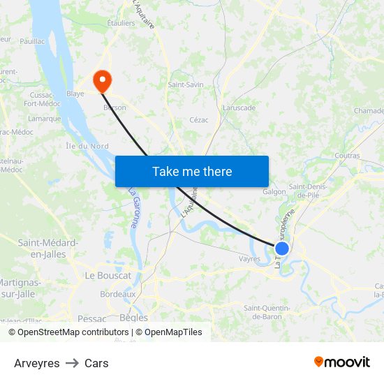 Arveyres to Cars map
