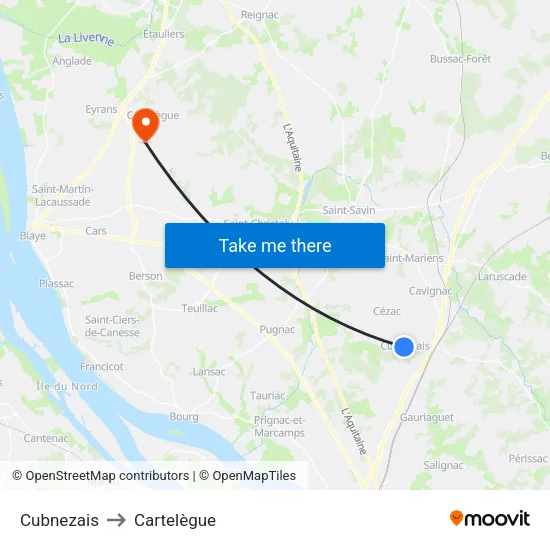 Cubnezais to Cartelègue map