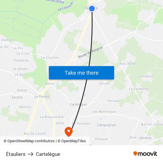 Étauliers to Cartelègue map