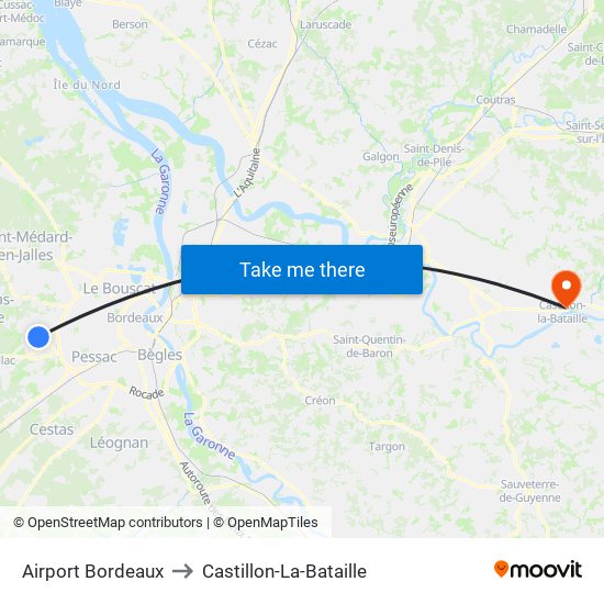 Airport Bordeaux to Castillon-La-Bataille map