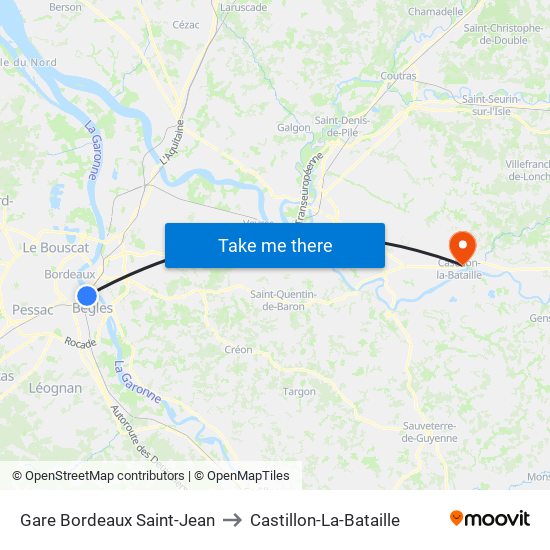 Gare Bordeaux Saint-Jean to Castillon-La-Bataille map