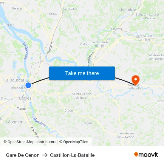 Gare De Cenon to Castillon-La-Bataille map