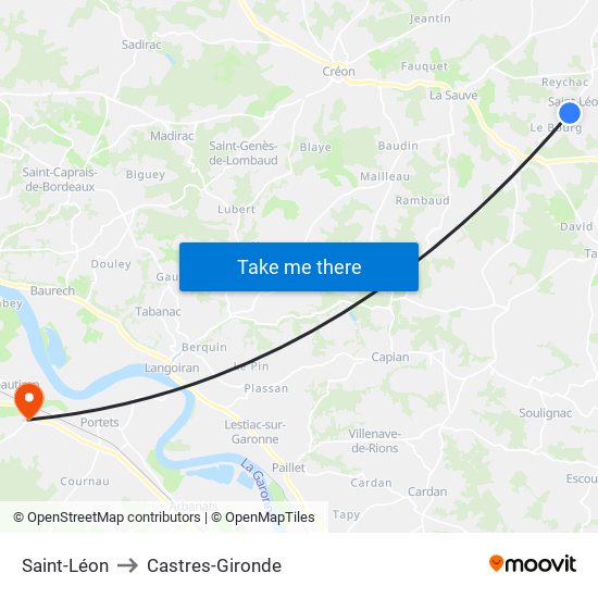 Saint-Léon to Castres-Gironde map