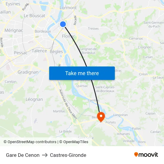 Gare De Cenon to Castres-Gironde map