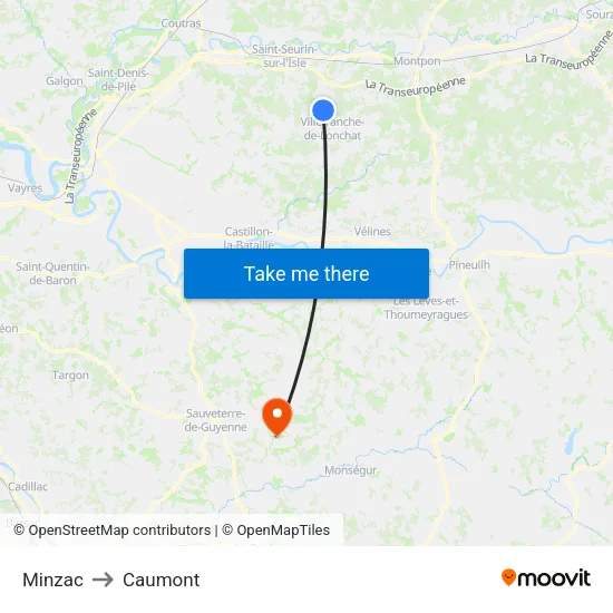 Minzac to Caumont map