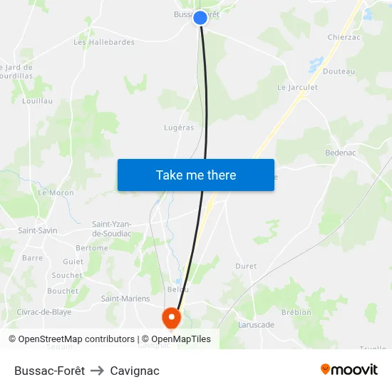 Bussac-Forêt to Cavignac map