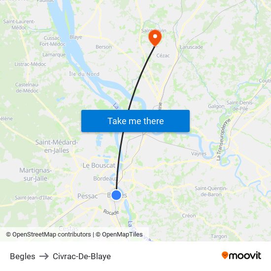 Begles to Civrac-De-Blaye map