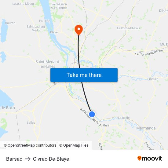 Barsac to Civrac-De-Blaye map
