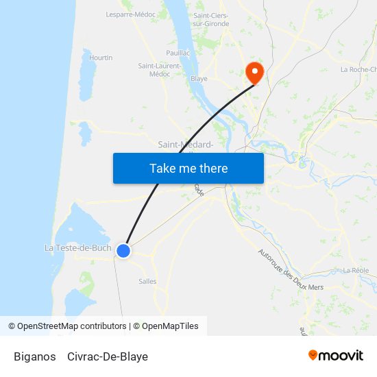Biganos to Civrac-De-Blaye map