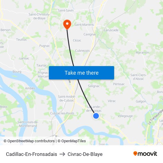 Cadillac-En-Fronsadais to Civrac-De-Blaye map