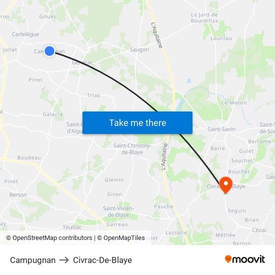Campugnan to Civrac-De-Blaye map