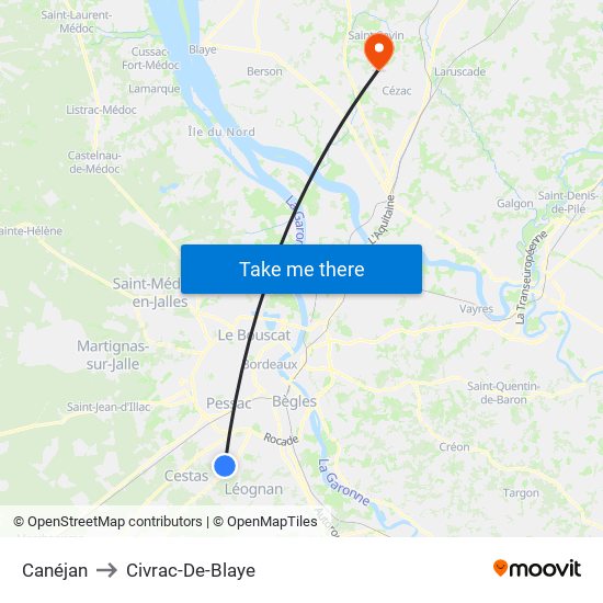 Canéjan to Civrac-De-Blaye map