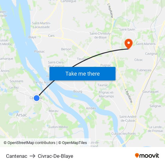 Cantenac to Civrac-De-Blaye map