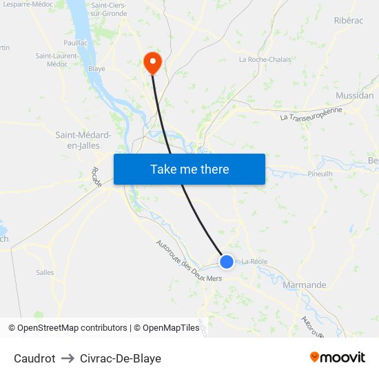 Caudrot to Civrac-De-Blaye map