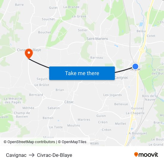 Cavignac to Civrac-De-Blaye map