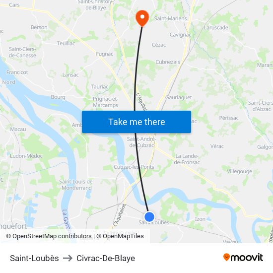 Saint-Loubès to Civrac-De-Blaye map