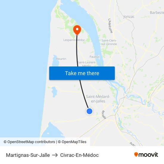 Martignas-Sur-Jalle to Civrac-En-Médoc map