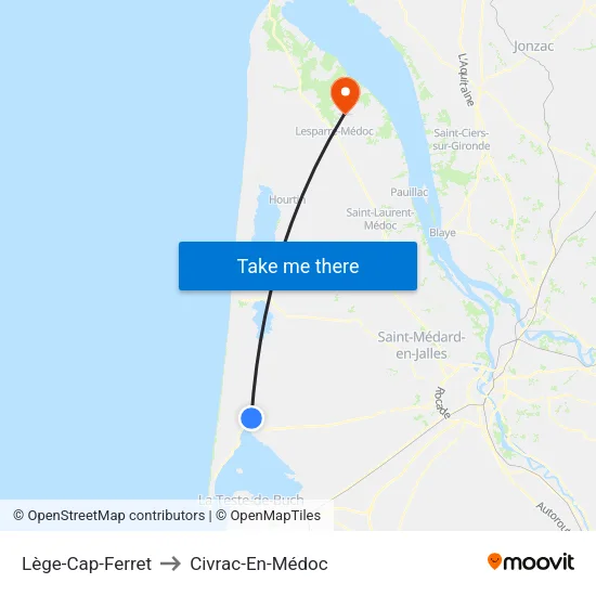 Lège-Cap-Ferret to Civrac-En-Médoc map
