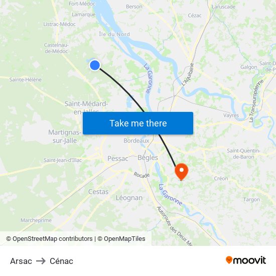 Arsac to Cénac map