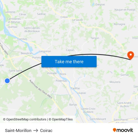 Saint-Morillon to Coirac map