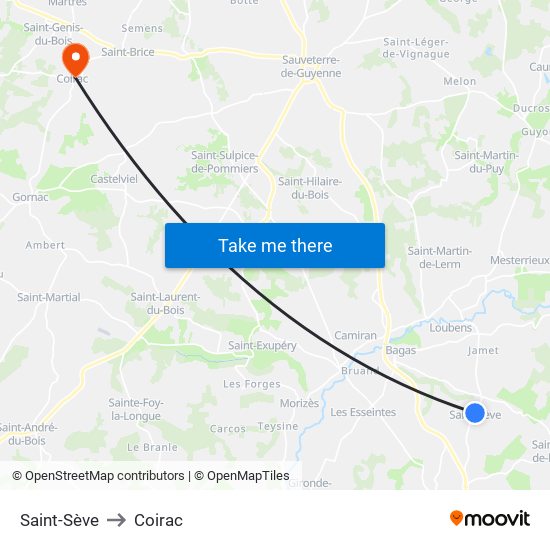 Saint-Sève to Coirac map