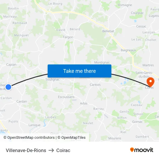 Villenave-De-Rions to Coirac map